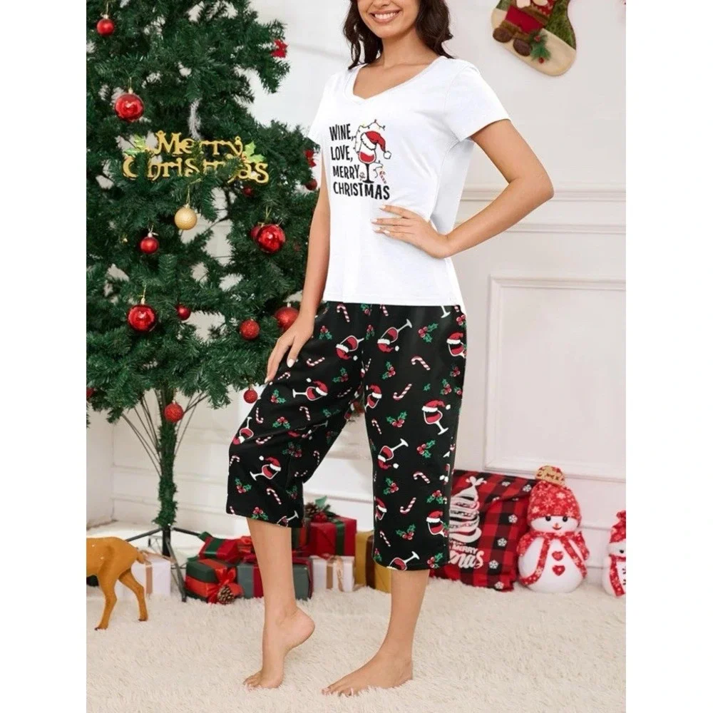 YIJIU S Women Soft Comfy Pajamas Wine Christmas Short Sleeve Capri Pants PJS Set